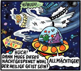 Eine Karikatur eines Raumschiffs, das durch den Weltraum fliegt und einen Planeten drin hat.