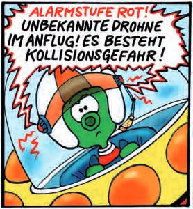 Eine Karikatur eines grünen Aliens in einem Raumschiff mit einem Untertitel in deutscher Sprache.