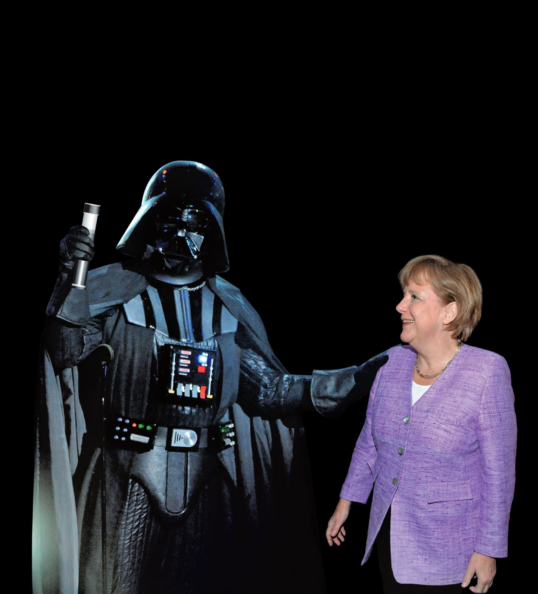Eine Frau neben einem Darth Vader-Kostüm.
