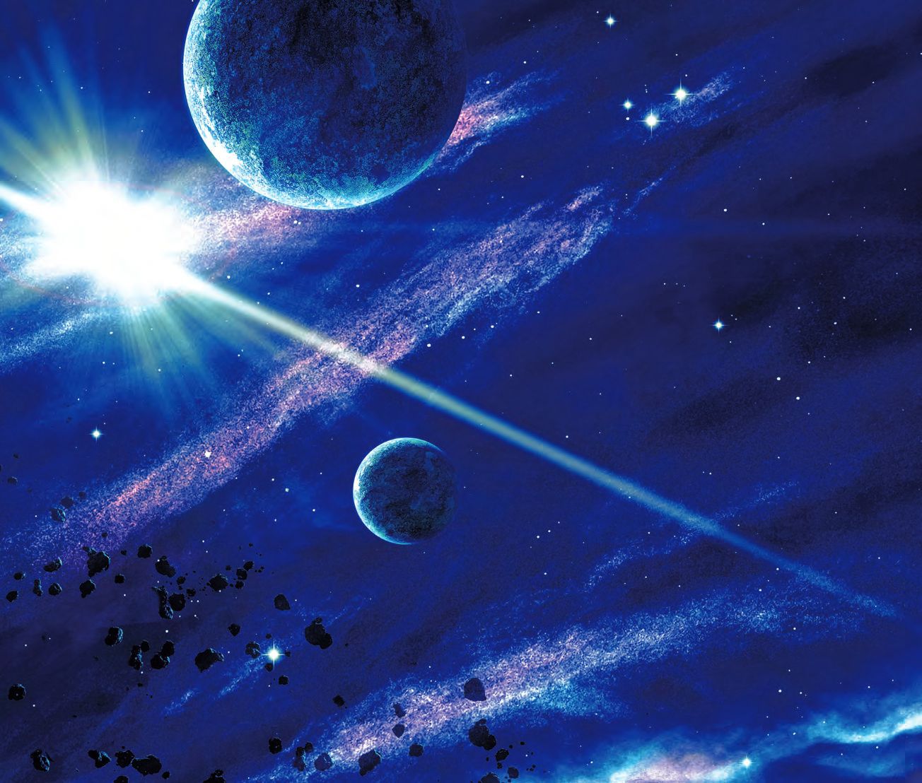 ein Gemälde von drei Planeten am Himmel