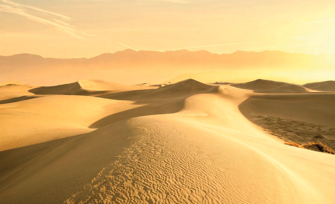 Eine Wüstenlandschaft mit einer hellen Sonne.
