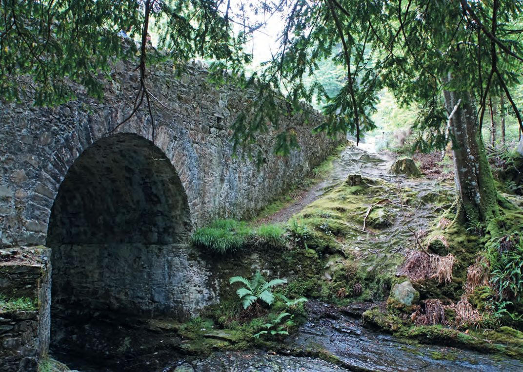 Eine Steinbrücke mit einem kleinen Strom, der durch sie fließt.