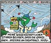 Eine Zeichnung eines grünen Monsters, das ein Schild hält.