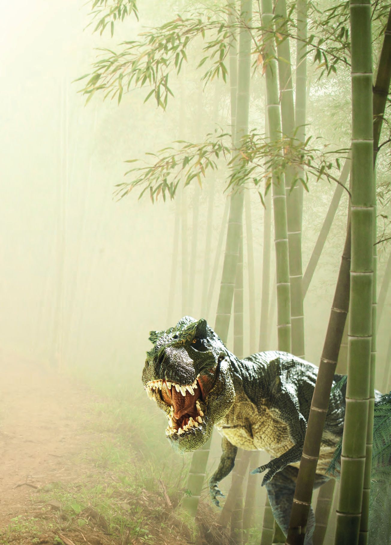 Ein Dinosaurier geht durch einen Wald.