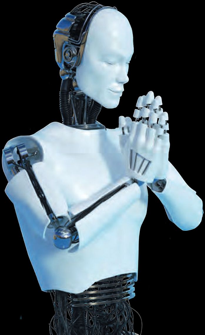 Ein Roboter steht mit ausgestreckten Händen.