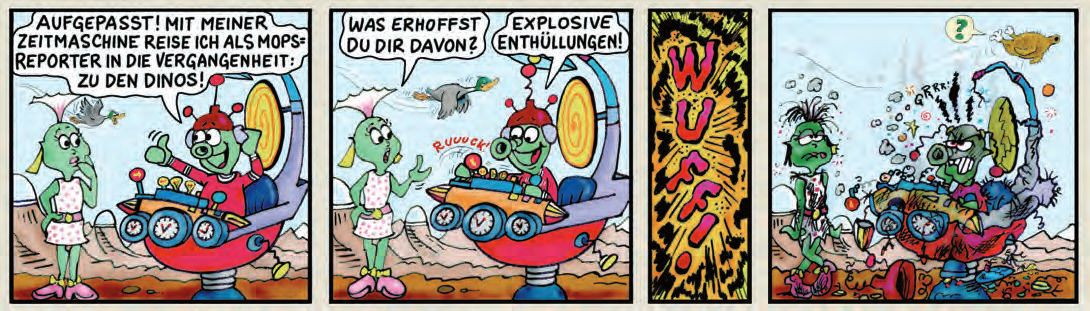 Ein Cartoon-Stripe mit einem Cartoon von einem Mann, der ein Auto fährt.