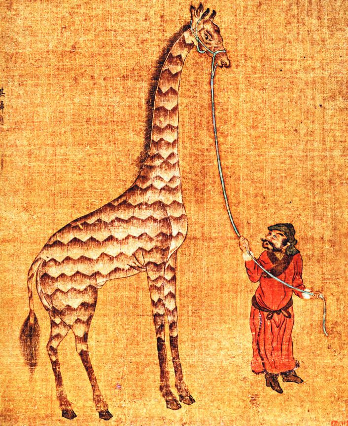 Eine Zeichnung eines Mannes, der eine Giraffe mit einem Seil zieht.