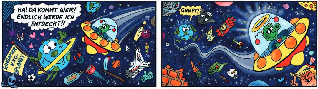 Ein Comic-Stick mit einer Zeichnung eines Raumschiffs.