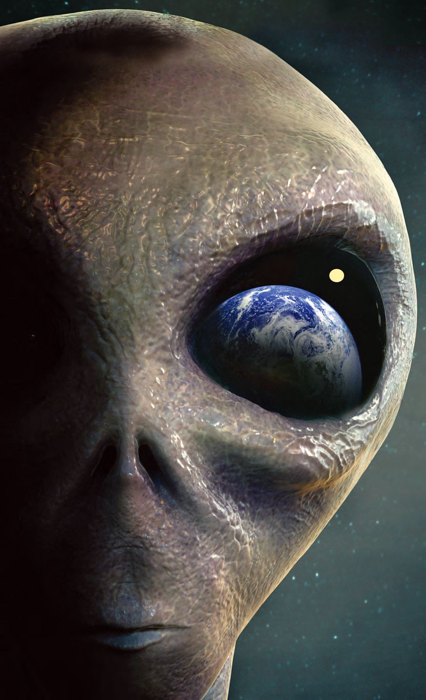 Ein seltsames aussehendes fremdes Gesicht mit einem Planeten in den Augen.