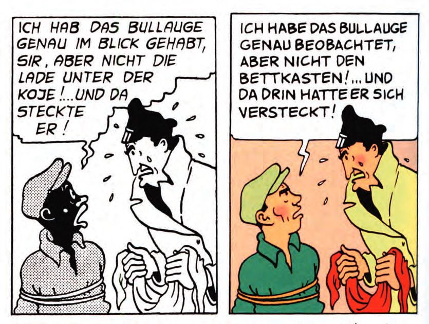 Ein Comic-Stick mit einem Mann im Hut, der mit einem anderen Mann spricht.