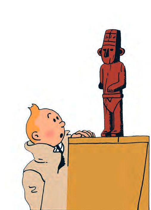 Eine Karikatur eines Jungen, der eine Statue ansieht.