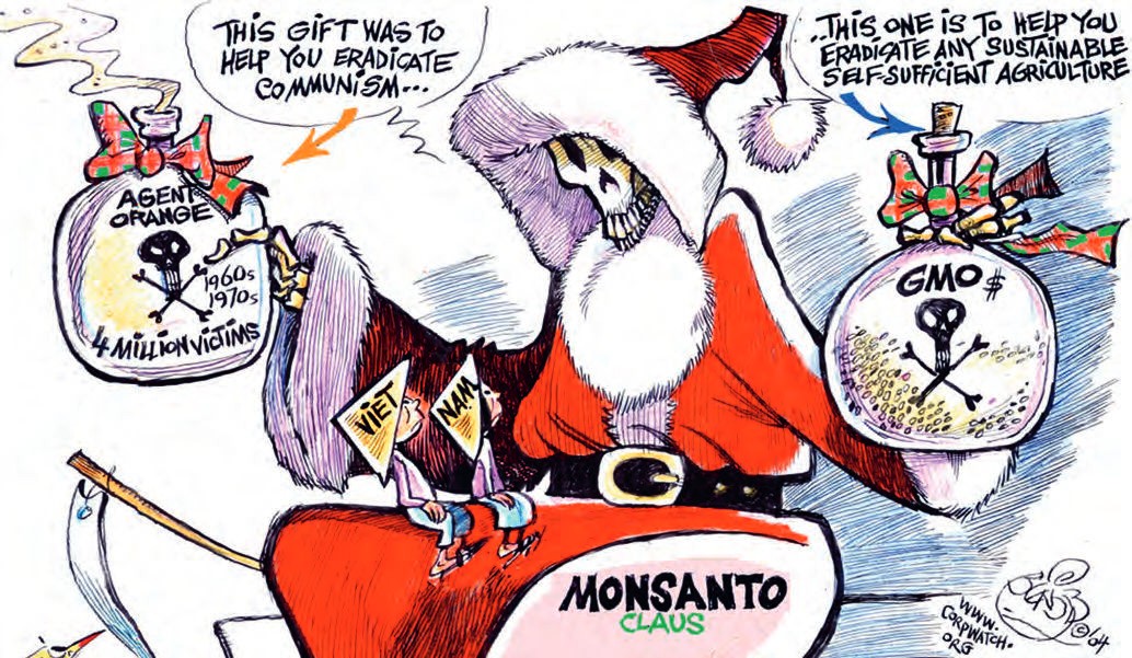 Ein Karikatur von einem Mann im Weihnachtsmannskostüm mit vielen Geschenken um ihn herum.